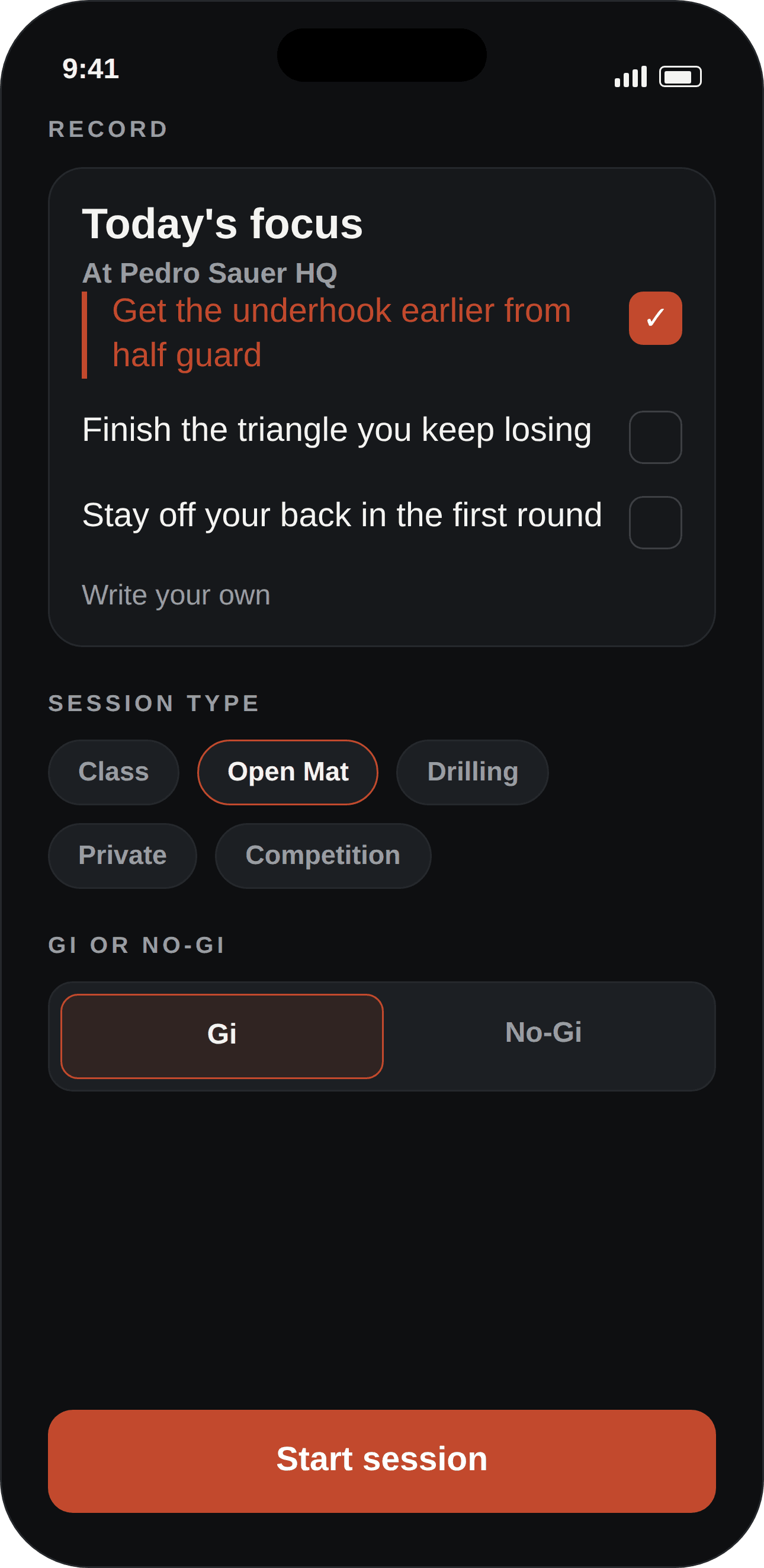 The Martial pre-session focus screen with a few things to drill