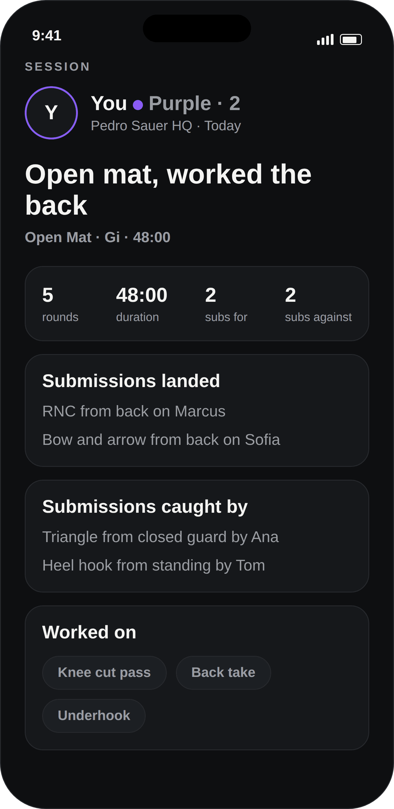 A roll turned into a clean session record in the Martial app