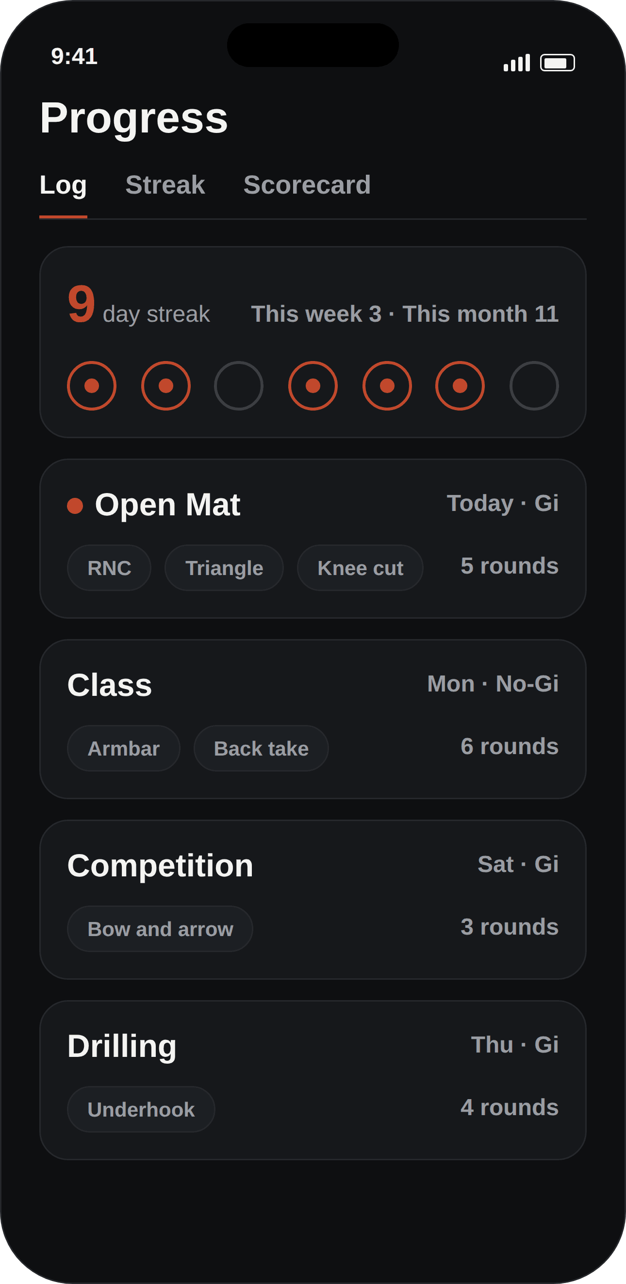 The Martial training log with a streak and logged sessions